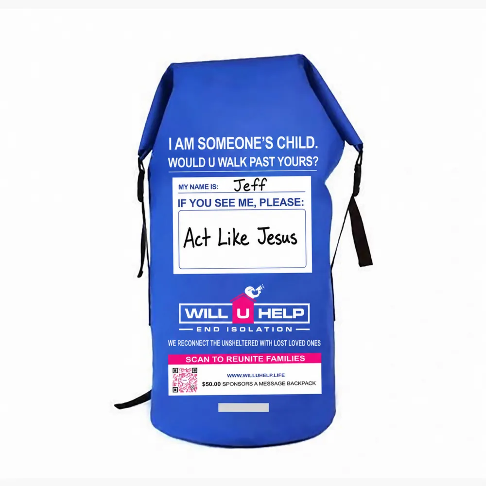 Will U Help message backpack with writable panel for people living unsheltered