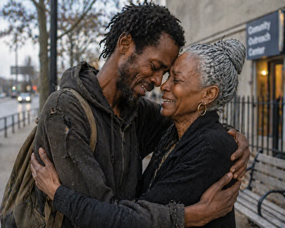 Person living unsheltered reconnecting with a loved one